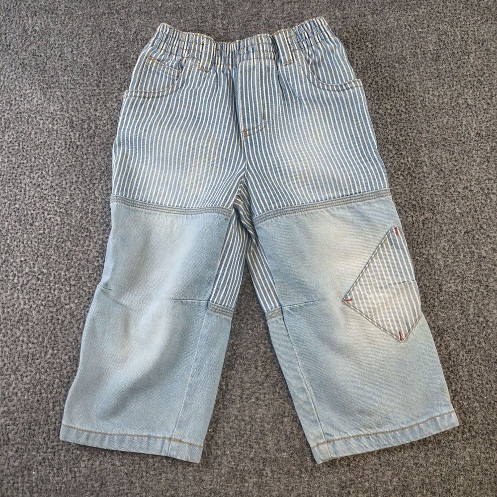 Y2K Faded Glory Hickory Stripe Jeans Kids 24M Blue Patchwork Workwear Denim